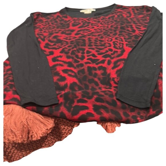 Michael Kors Red & Black Leopard Print Sheer Blouse Size Small Long Sleeve Top - Picture 8 of 10